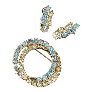 Uranium Demi-Parure Clip Earrings Double Ring Infinity MCM Pin Brooch Crystal